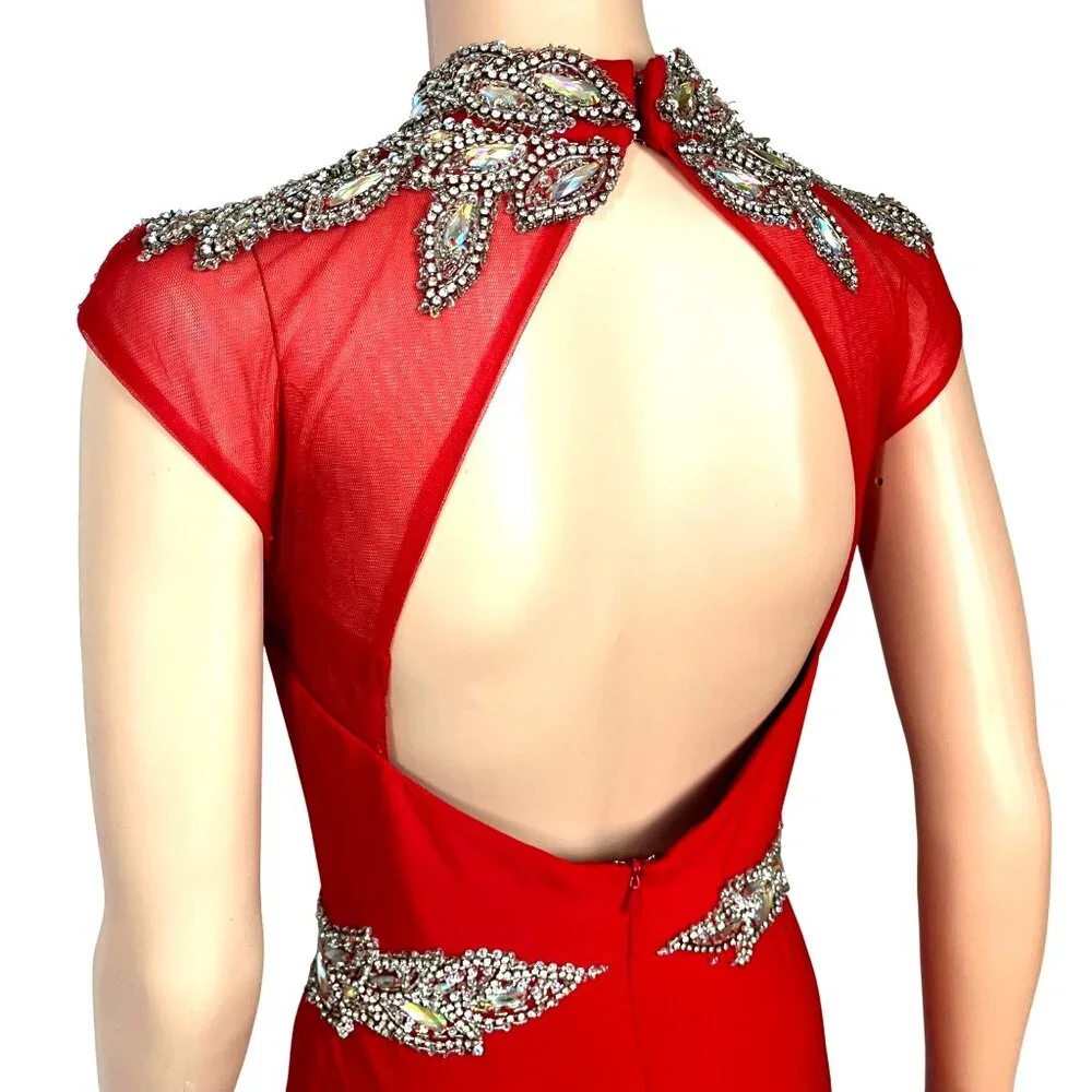 Splash Red Crystal Embellished Open Back Short Dress Sheer Top Cap Sleeves Sz 8 - Picture 4 of 6